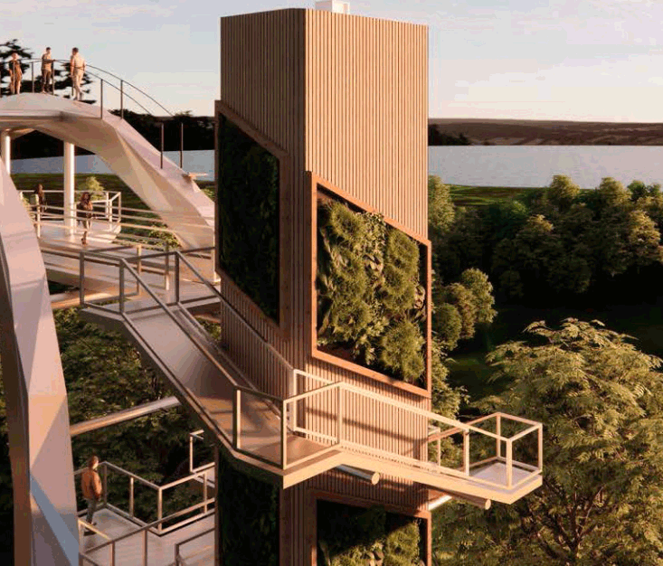 Renderingbild des Aufstiegs zur SkyLoop-Plattform und der Erlebnisrutsche mit Besuchern