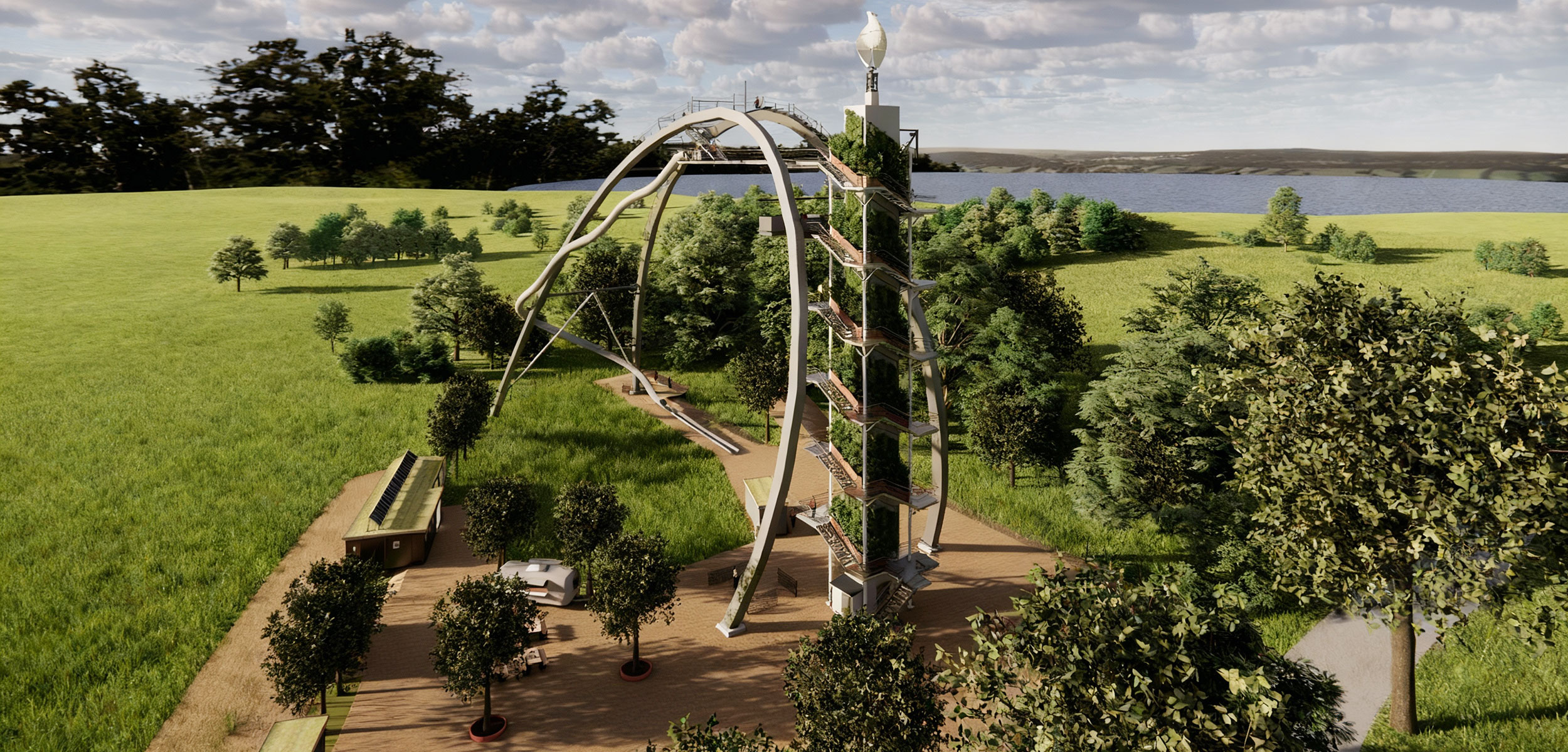 Renderingbild von schr�g oben auf den SkyLoop in gr�ner Landschaft und im Hintergrund das Steinhuder Meer
